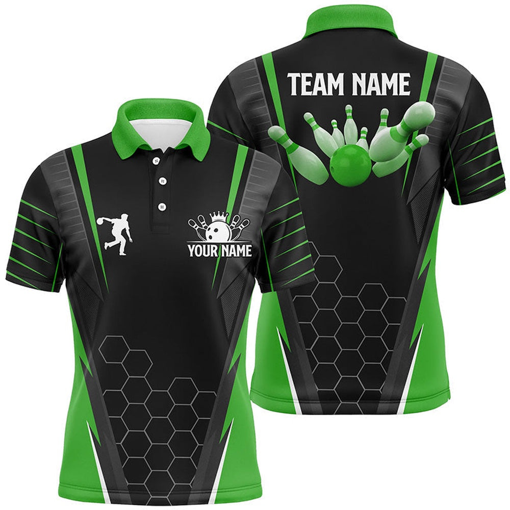 Custom Bowling Polo Shirts, Black Men'S Bowling Polo Shirt Custom Name Mens Bowlers Jersey, Team Bowling Outfits Green