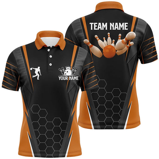 Custom Bowling Polo Shirts, Black Men'S Bowling Polo Shirt Custom Name Mens Bowlers Jersey, Team Bowling Outfits Orange