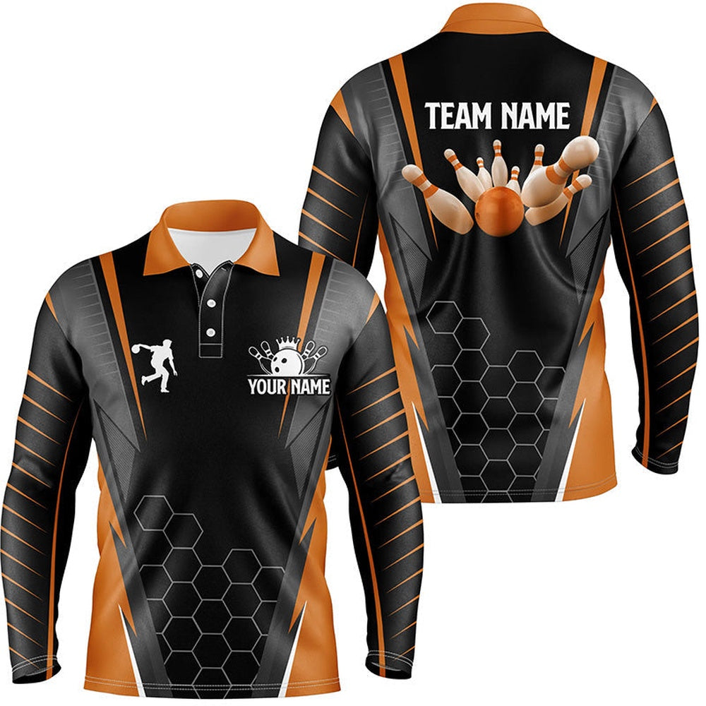 Custom Bowling Polo Shirts, Black Men'S Bowling Polo Shirt Custom Name Mens Bowlers Jersey, Team Bowling Outfits Orange