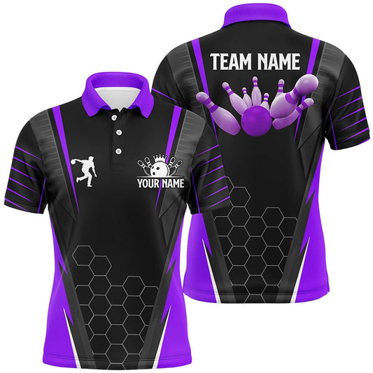 Custom Bowling Polo Shirts, Black Men'S Bowling Polo Shirt Custom Name Mens Bowlers Jersey, Team Bowling Outfits Purple