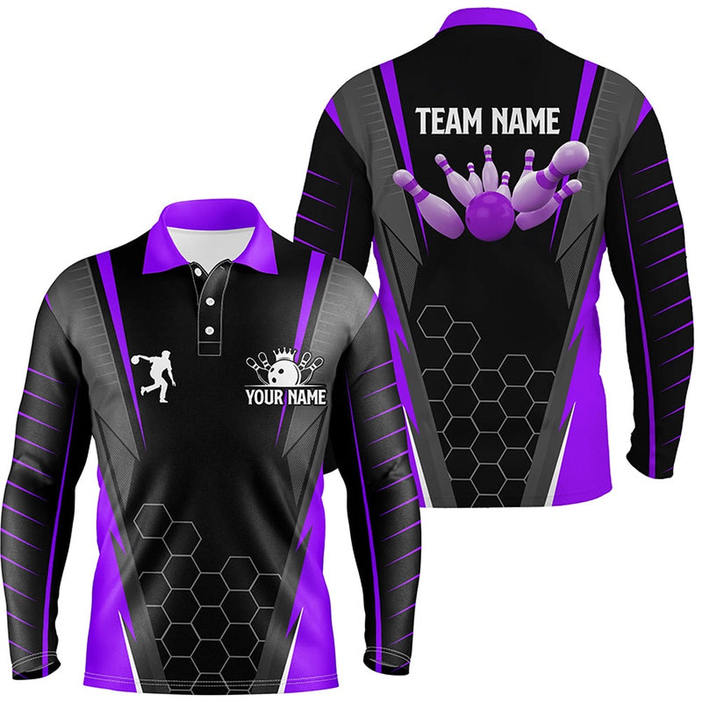 Custom Bowling Polo Shirts, Black Men'S Bowling Polo Shirt Custom Name Mens Bowlers Jersey, Team Bowling Outfits Purple