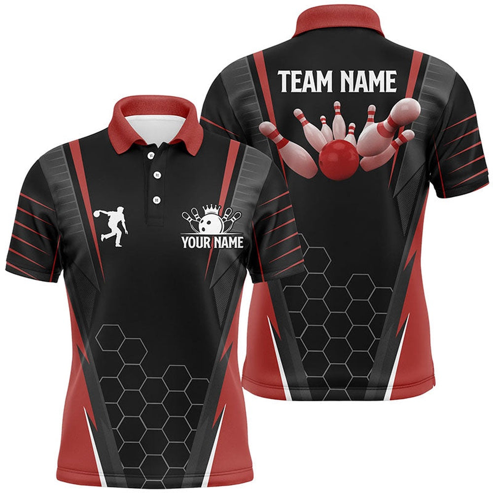 Custom Bowling Polo Shirts, Black Men'S Bowling Polo Shirt Custom Name Mens Bowlers Jersey, Team Bowling Outfits Red