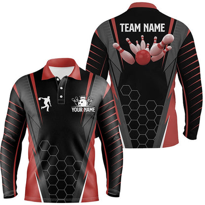 Custom Bowling Polo Shirts, Black Men'S Bowling Polo Shirt Custom Name Mens Bowlers Jersey, Team Bowling Outfits Red