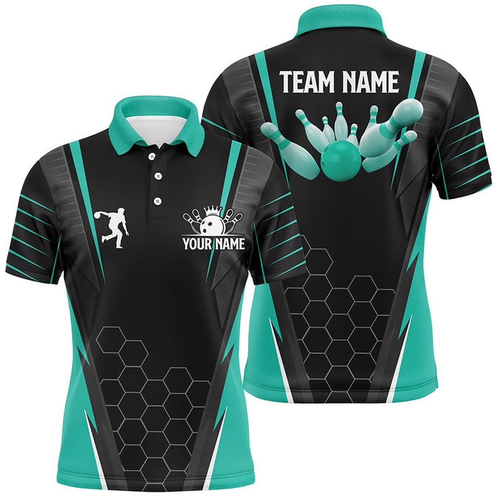 Custom Bowling Polo Shirts, Black Men'S Bowling Polo Shirt Custom Name Mens Bowlers Jersey, Team Bowling Outfits Turquoise