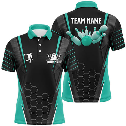 Custom Bowling Polo Shirts, Black Men'S Bowling Polo Shirt Custom Name Mens Bowlers Jersey, Team Bowling Outfits Turquoise