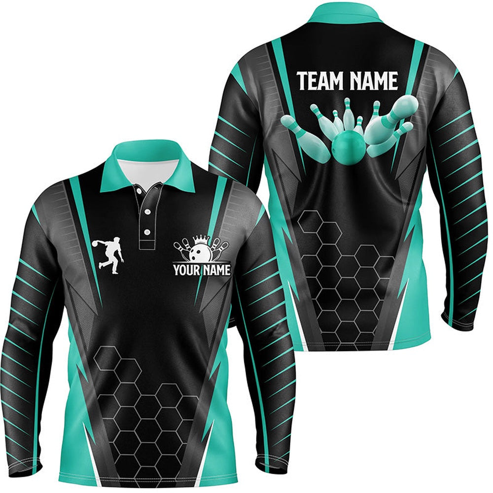 Custom Bowling Polo Shirts, Black Men'S Bowling Polo Shirt Custom Name Mens Bowlers Jersey, Team Bowling Outfits Turquoise