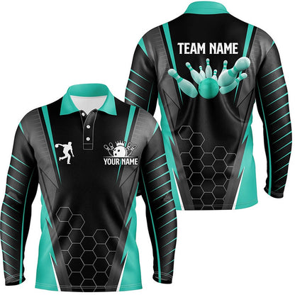 Custom Bowling Polo Shirts, Black Men'S Bowling Polo Shirt Custom Name Mens Bowlers Jersey, Team Bowling Outfits Turquoise