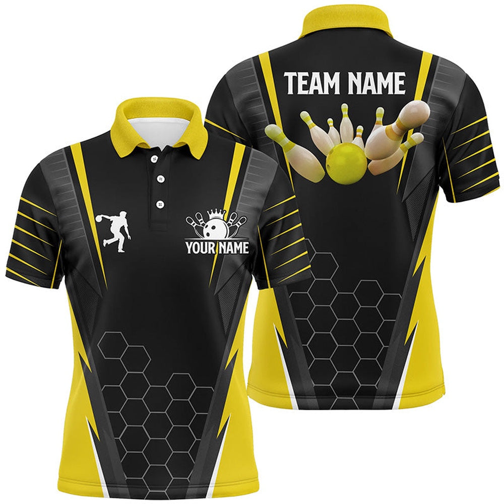 Custom Bowling Polo Shirts, Black Men'S Bowling Polo Shirt Custom Name Mens Bowlers Jersey, Team Bowling Outfits Yellow