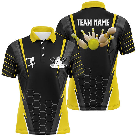Custom Bowling Polo Shirts, Black Men'S Bowling Polo Shirt Custom Name Mens Bowlers Jersey, Team Bowling Outfits Yellow