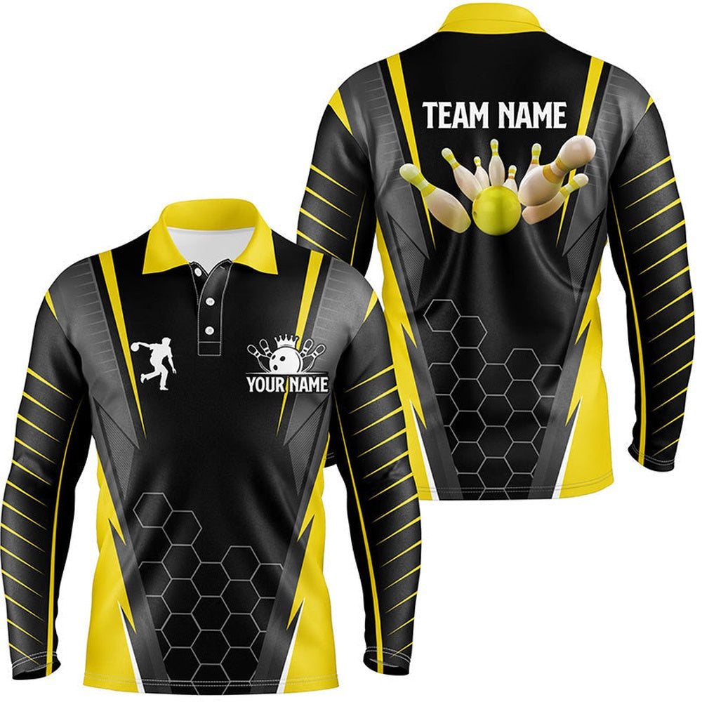 Custom Bowling Polo Shirts, Black Men'S Bowling Polo Shirt Custom Name Mens Bowlers Jersey, Team Bowling Outfits Yellow