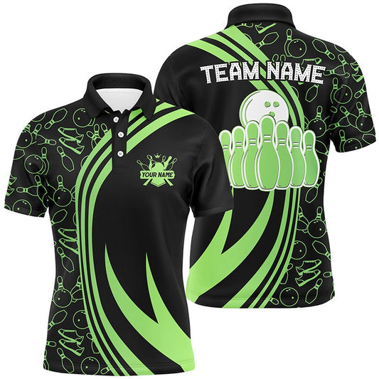 Custom Bowling Polo Shirts, Black Mens Bowling Polo Shirt Custom Green Neon Team League Bowling Jerseys, Gifts For Bowlers