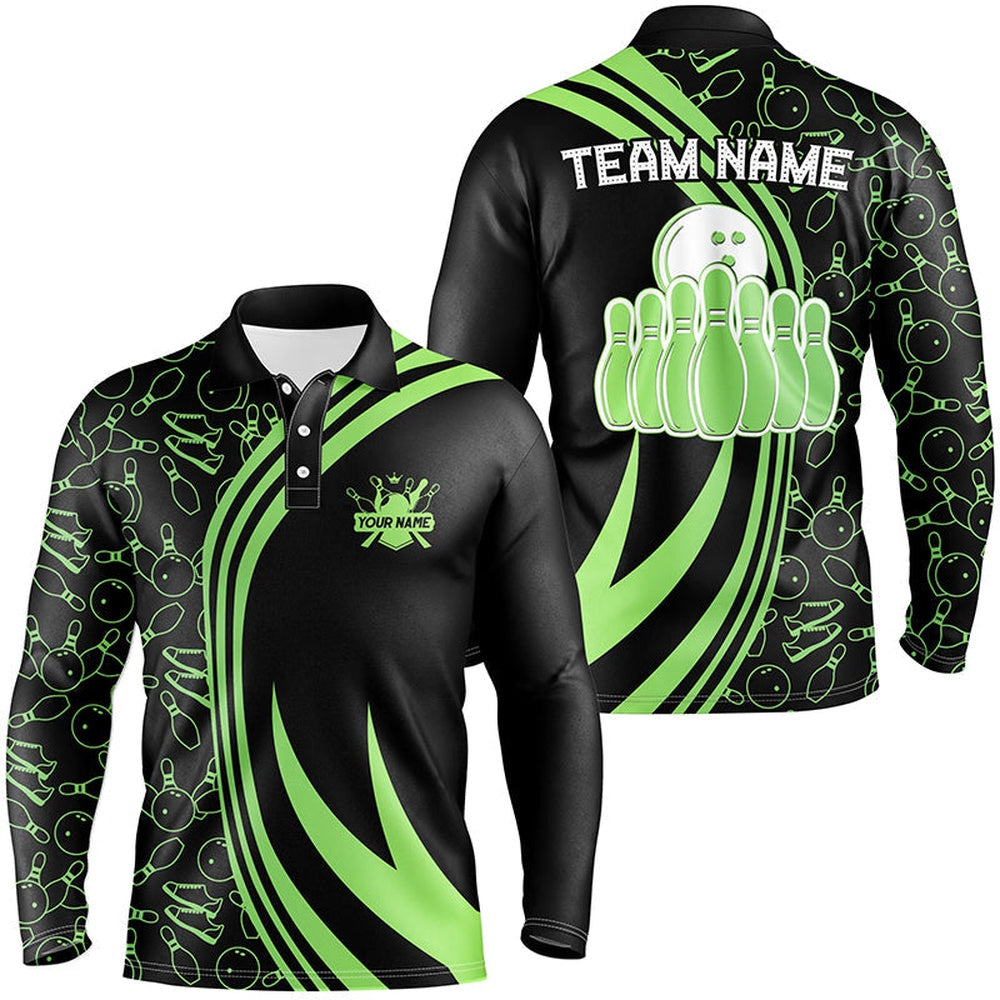 Custom Bowling Polo Shirts, Black Mens Bowling Polo Shirt Custom Green Neon Team League Bowling Jerseys, Gifts For Bowlers