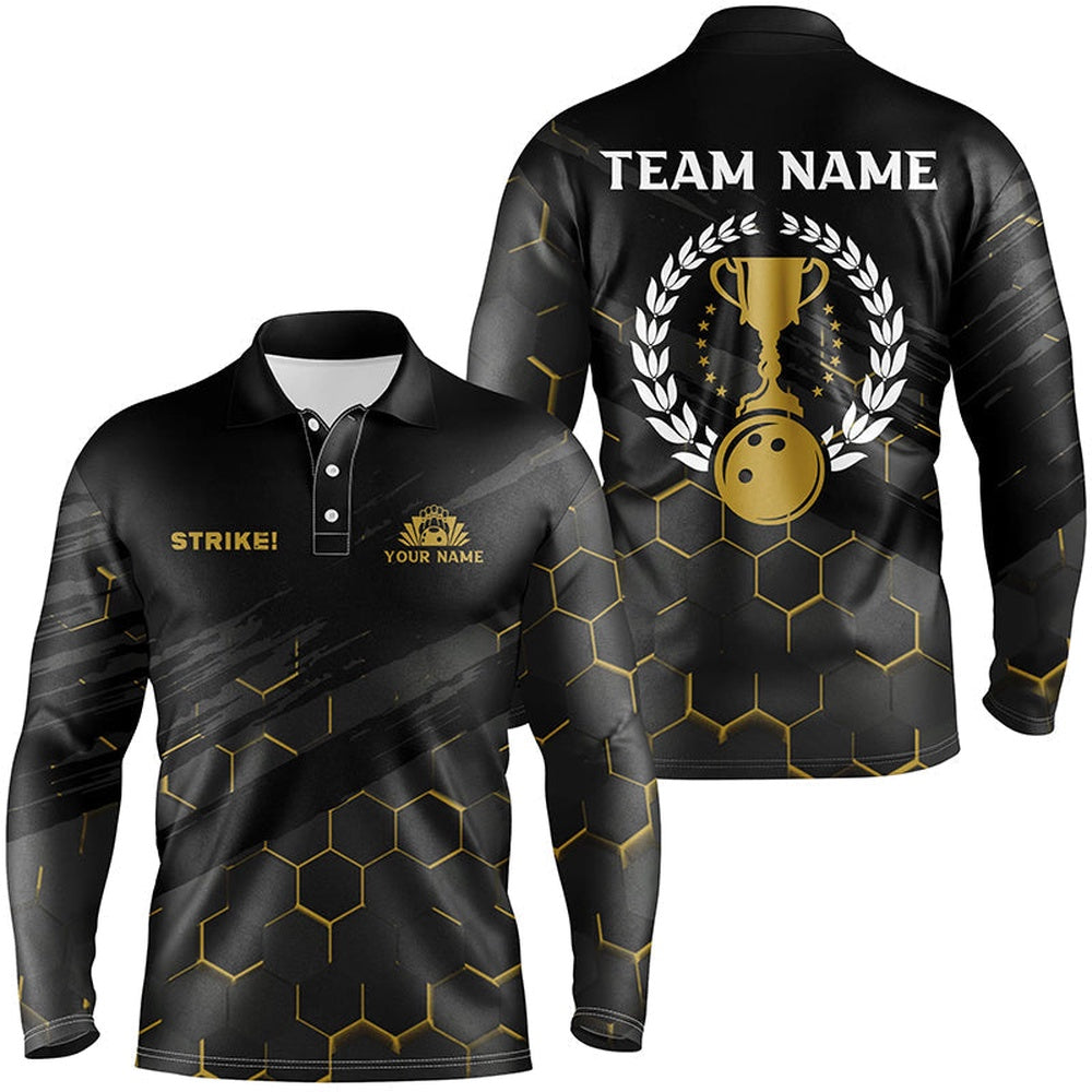 Custom Bowling Polo Shirts, Black Mens Bowling Polo Shirts Custom Bowling Strike Bee Pattern Team Mens League Jerseys