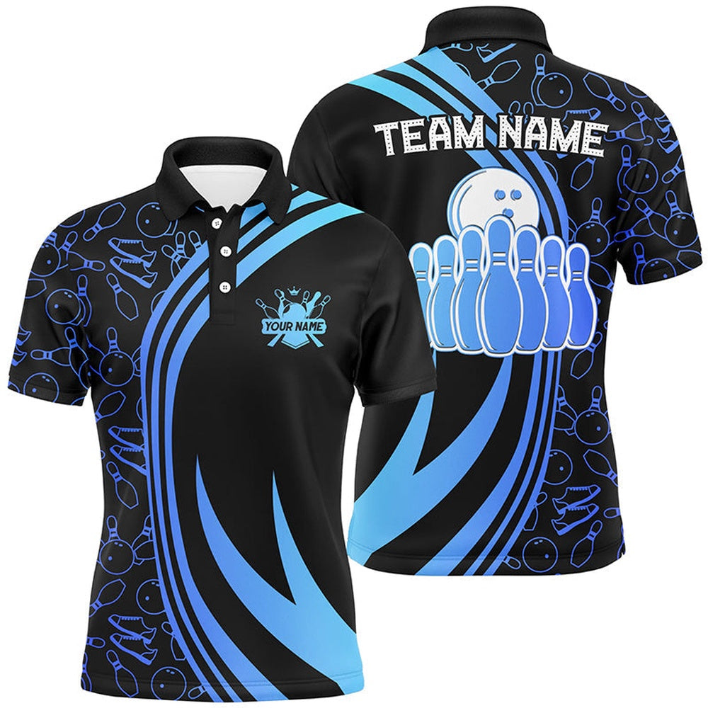 Custom Bowling Polo Shirts, Black Mens Bowling Shirts Custom Blue Neon Team League Bowling Jerseys, Gifts For Bowlers