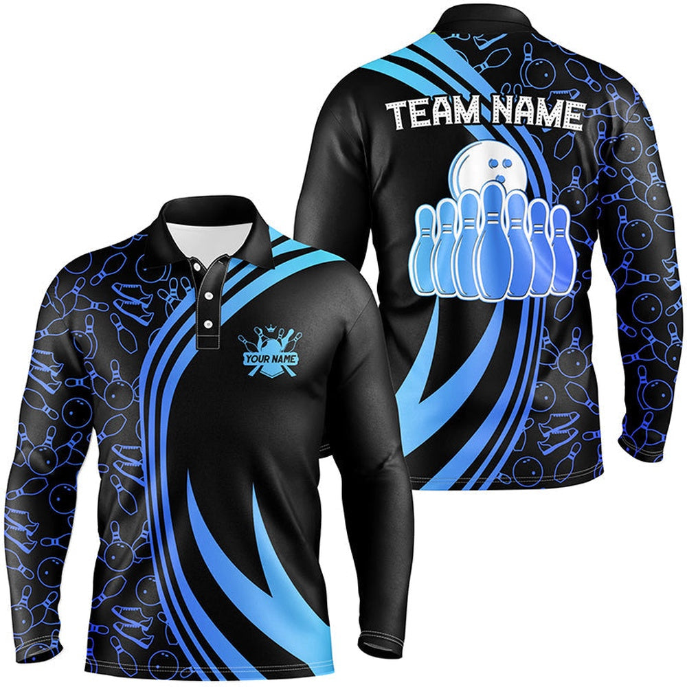 Custom Bowling Polo Shirts, Black Mens Bowling Shirts Custom Blue Neon Team League Bowling Jerseys, Gifts For Bowlers