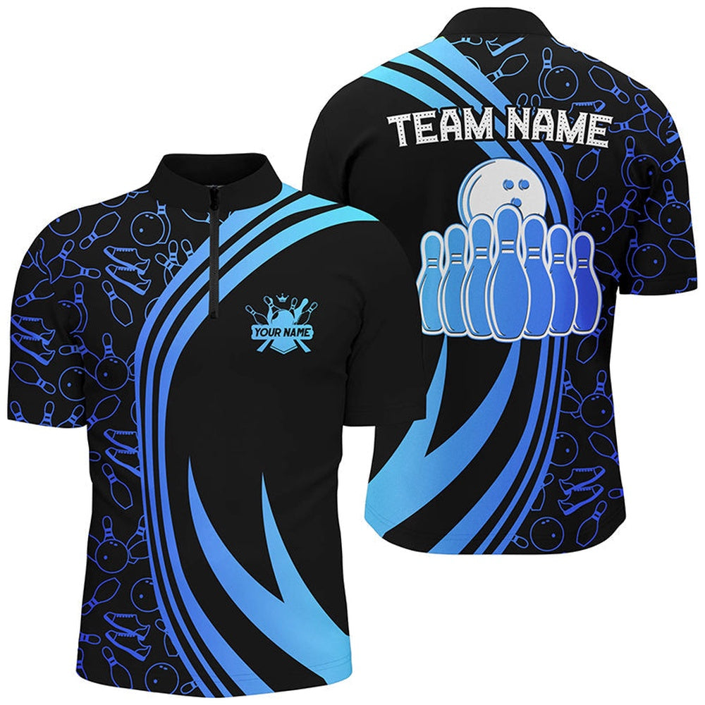 Custom Bowling Polo Shirts, Black Mens Bowling Shirts Custom Blue Neon Team League Bowling Jerseys, Gifts For Bowlers