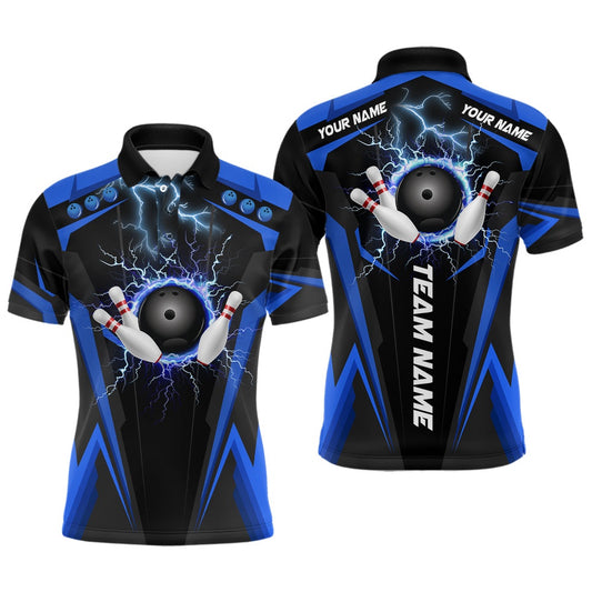 Custom Bowling Polo Shirts, Black Mens Polo Bowling Shirt Custom Lightning Thunder Team League Bowling Jerseys Blue