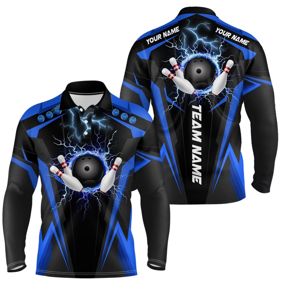 Custom Bowling Polo Shirts, Black Mens Polo Bowling Shirt Custom Lightning Thunder Team League Bowling Jerseys Blue