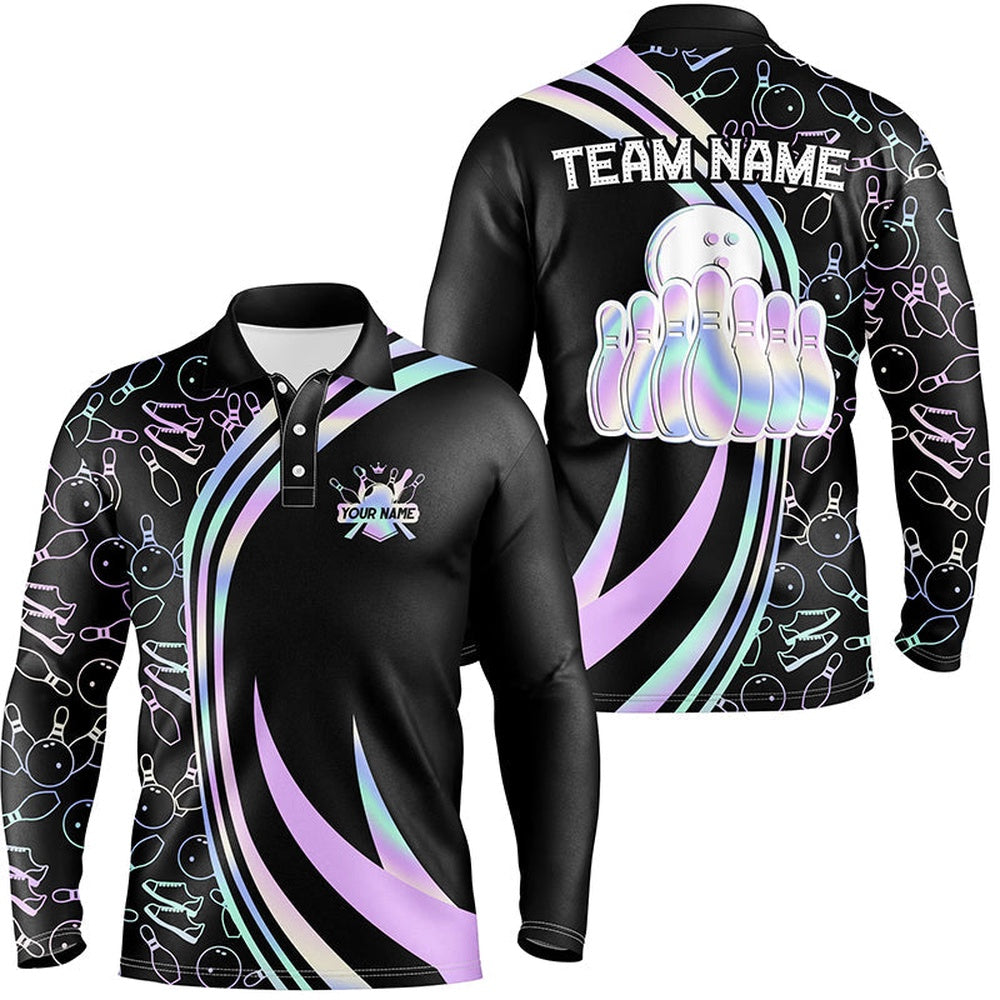 Custom Bowling Polo Shirts, Black Mens Polo Bowling Shirts Custom Neon Camo Team League Bowling Jerseys, Gifts For Bowlers