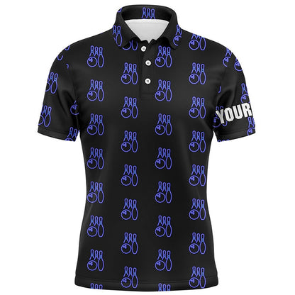 Custom Bowling Polo Shirts, Black Neon Bowling Seamless Pattern Custom Mens Bowling Polo Shirts, Bowling Team League Jerseys