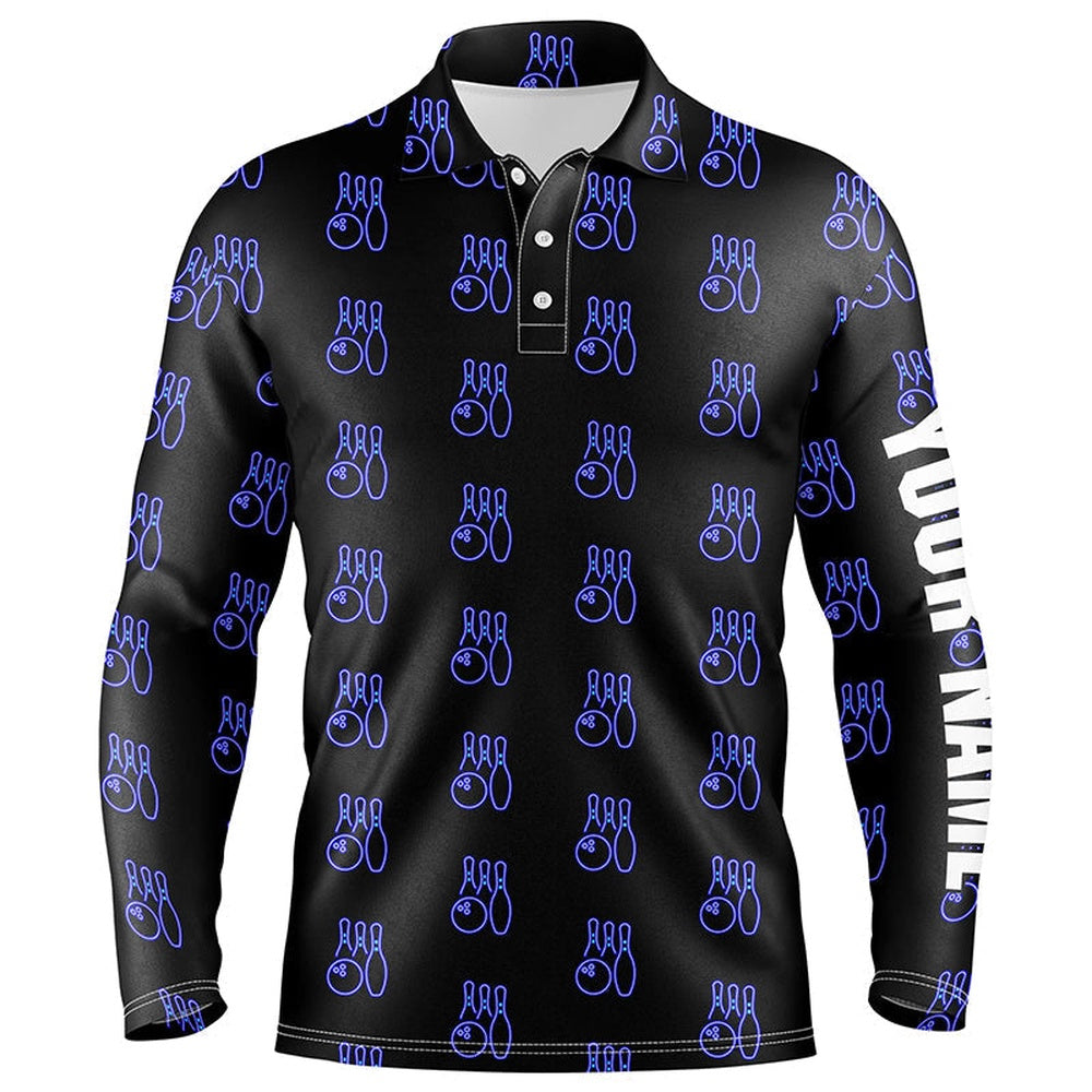 Custom Bowling Polo Shirts, Black Neon Bowling Seamless Pattern Custom Mens Bowling Polo Shirts, Bowling Team League Jerseys
