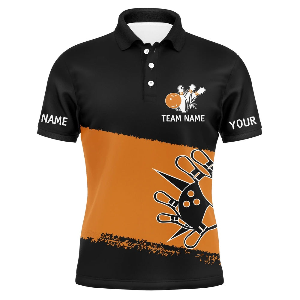 Custom Bowling Polo Shirts, Black Orange Bowling Balls And Pins Custom Team Bowling Polo Shirts For Men, Team Bowling Jerseys