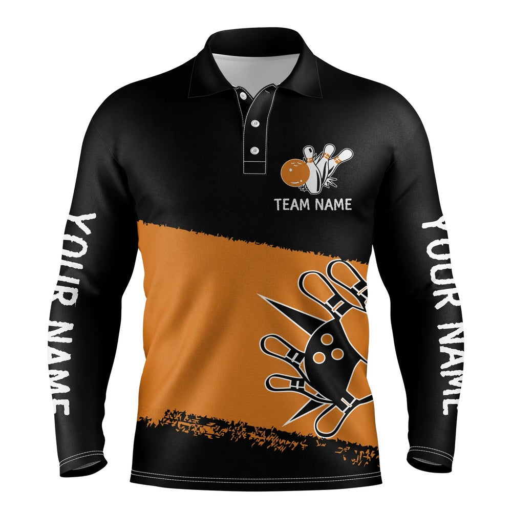 Custom Bowling Polo Shirts, Black Orange Bowling Balls And Pins Custom Team Bowling Polo Shirts For Men, Team Bowling Jerseys