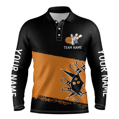 Custom Bowling Polo Shirts, Black Orange Bowling Balls And Pins Custom Team Bowling Polo Shirts For Men, Team Bowling Jerseys