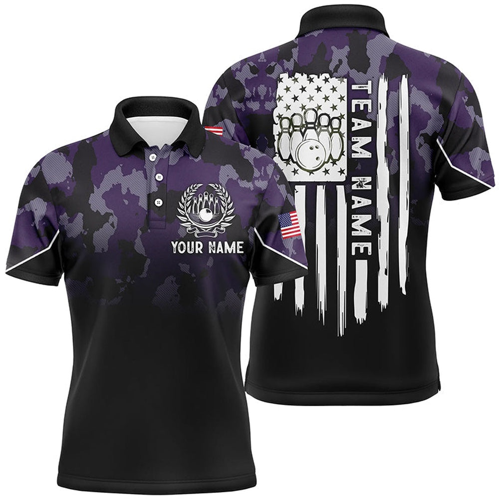 Custom Bowling Polo Shirts, Black Purple Camo Mens Polo Bowling Shirts Custom American Flag Patriotic Bowling Team League Jerseys
