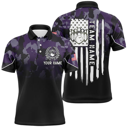 Custom Bowling Polo Shirts, Black Purple Camo Mens Polo Bowling Shirts Custom American Flag Patriotic Bowling Team League Jerseys