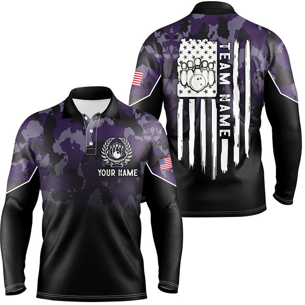 Custom Bowling Polo Shirts, Black Purple Camo Mens Polo Bowling Shirts Custom American Flag Patriotic Bowling Team League Jerseys