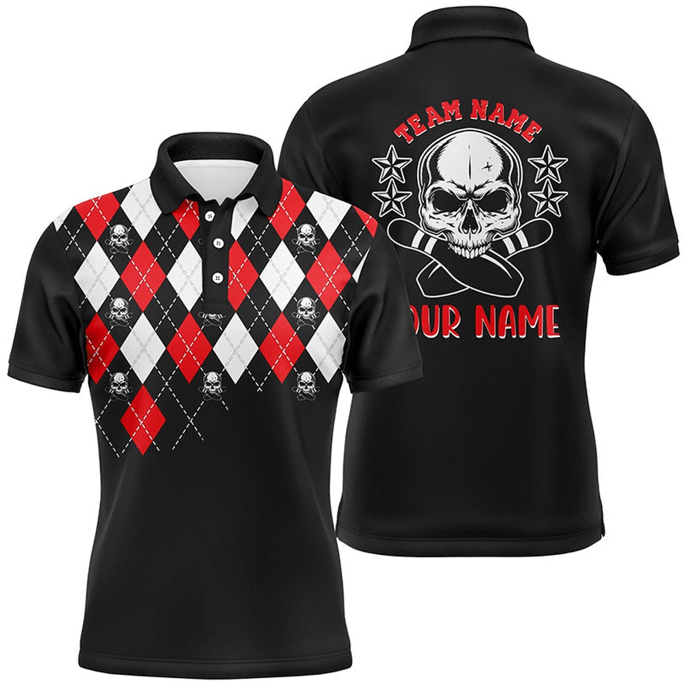 Custom Bowling Polo Shirts, Black Red Argyle Pattern Bowling Skull Custom Bowling Polo Shirts For Men, Bowling Jerseys