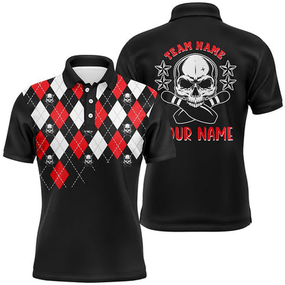 Custom Bowling Polo Shirts, Black Red Argyle Pattern Bowling Skull Custom Bowling Polo Shirts For Men, Bowling Jerseys