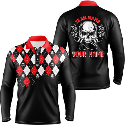 Custom Bowling Polo Shirts, Black Red Argyle Pattern Bowling Skull Custom Bowling Polo Shirts For Men, Bowling Jerseys