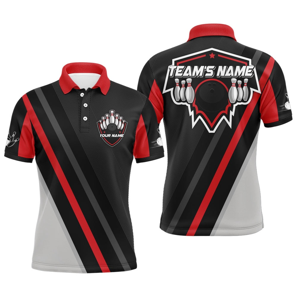 Custom Bowling Polo Shirts, Black&Red Bowling Polo Shirt For Men Vintage Bowling Team League Jersey Custom Bowling Shirt
