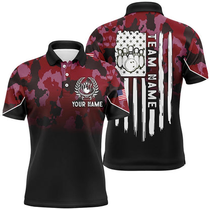 Custom Bowling Polo Shirts, Black Red Camo Mens Polo Bowling Shirts Custom American Flag Patriotic Bowling Team League Jerseys