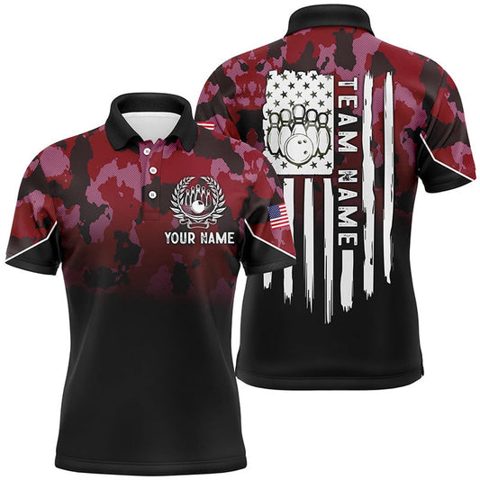 Custom Bowling Polo Shirts, Black Red Camo Mens Polo Bowling Shirts Custom American Flag Patriotic Bowling Team League Jerseys