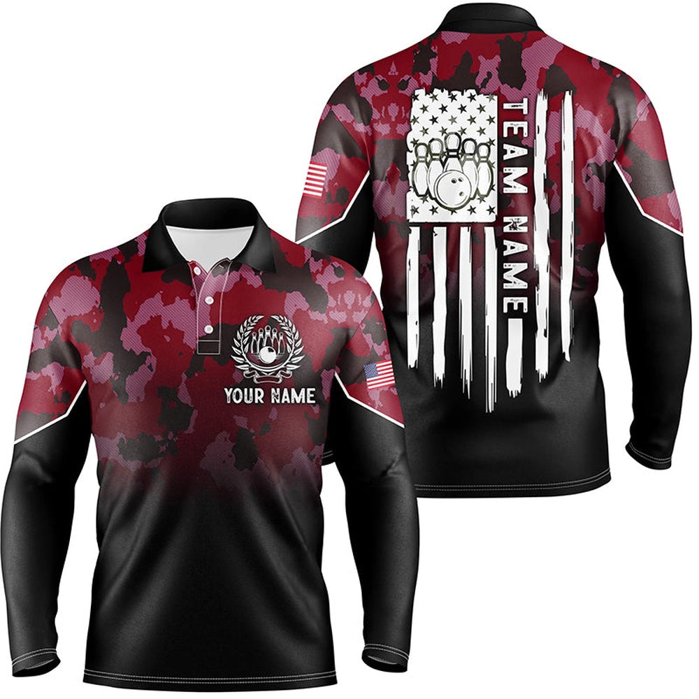 Custom Bowling Polo Shirts, Black Red Camo Mens Polo Bowling Shirts Custom American Flag Patriotic Bowling Team League Jerseys