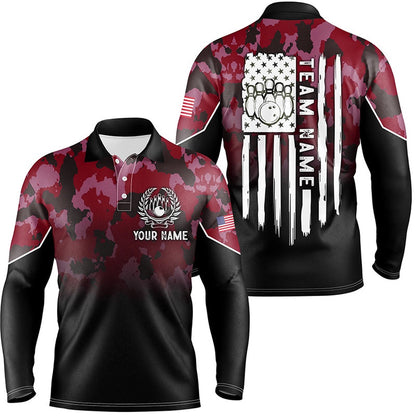 Custom Bowling Polo Shirts, Black Red Camo Mens Polo Bowling Shirts Custom American Flag Patriotic Bowling Team League Jerseys
