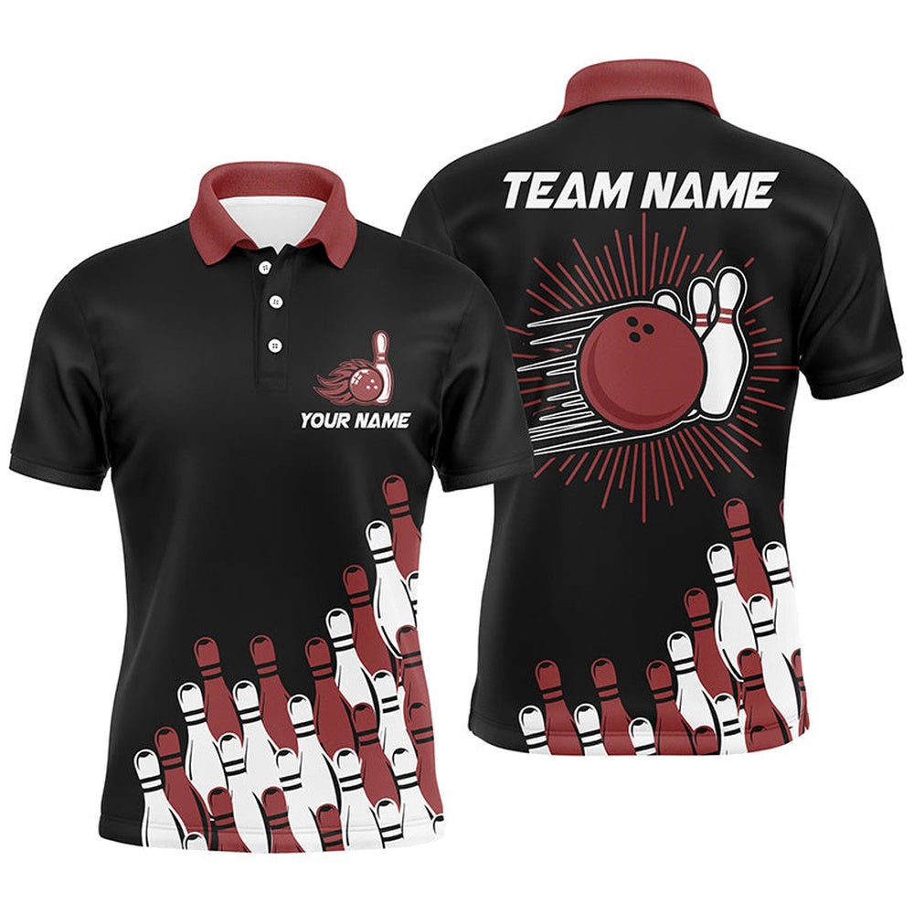 Custom Bowling Polo Shirts, Black Retro Bowling Team Shirt Custom Men Bowling Polo Shirt For Him Red