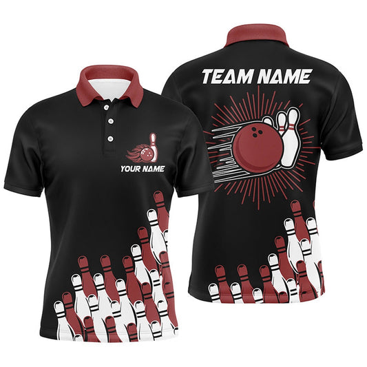 Custom Bowling Polo Shirts, Black Retro Bowling Team Shirt Custom Men Bowling Polo Shirt For Him Red