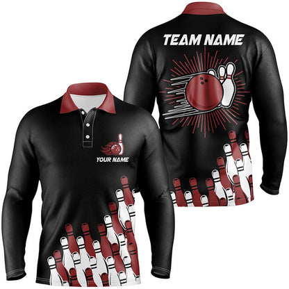 Custom Bowling Polo Shirts, Black Retro Bowling Team Shirt Custom Men Bowling Polo Shirt For Him Red