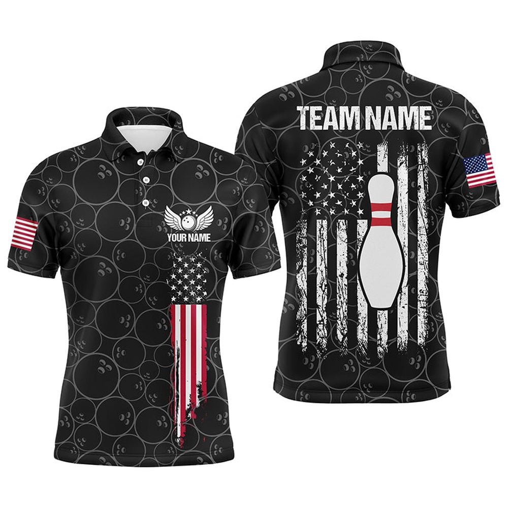 Custom Bowling Polo Shirts, Black Retro Mens Bowling Polo Shirts Custom Vintage Camo American Flag Team Ladies Bowlers Jerseys