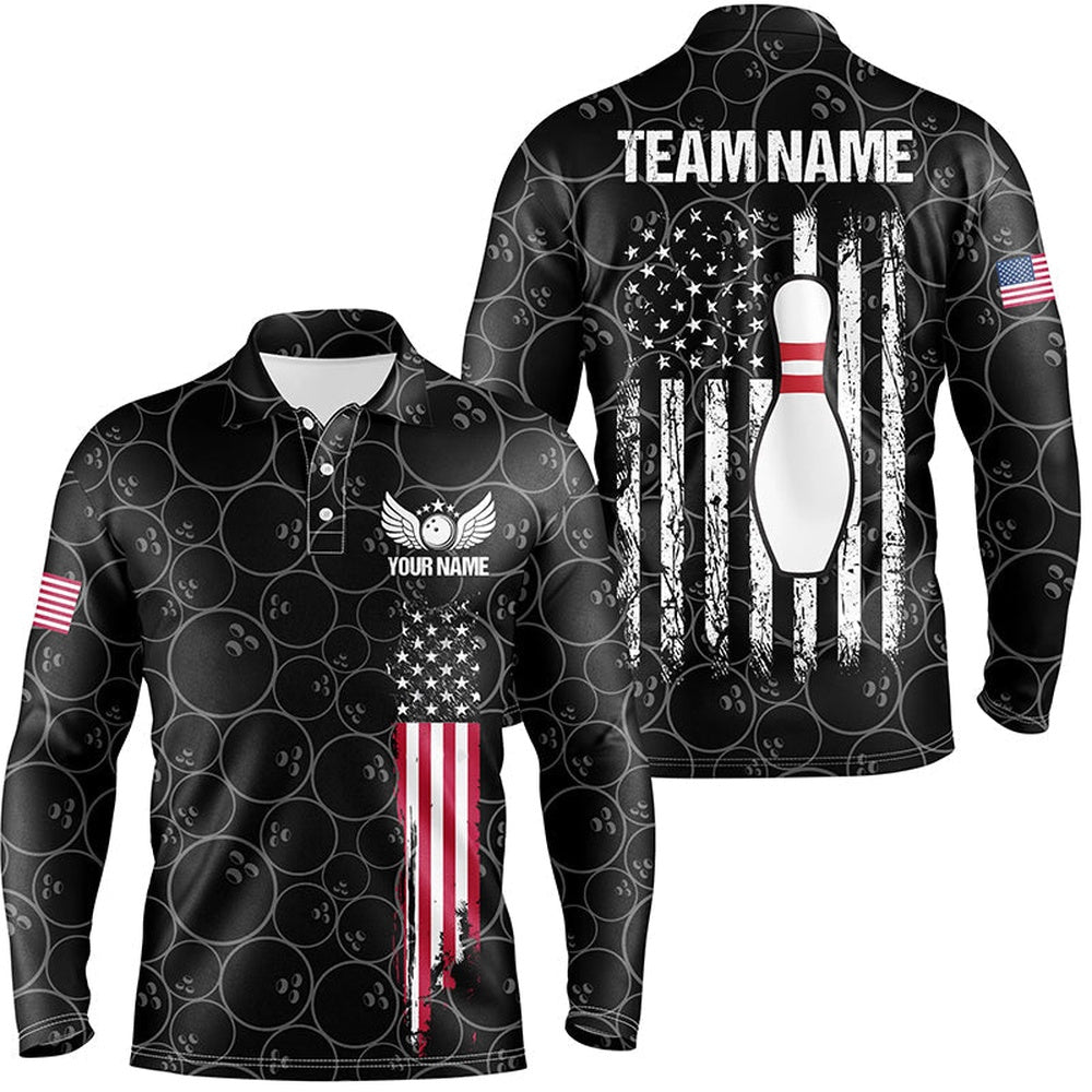Custom Bowling Polo Shirts, Black Retro Mens Bowling Polo Shirts Custom Vintage Camo American Flag Team Ladies Bowlers Jerseys