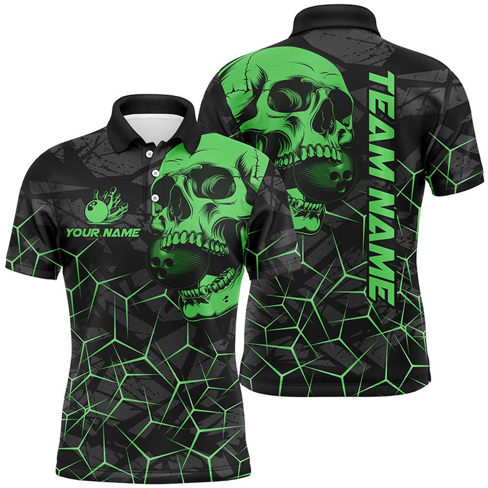 Custom Bowling Polo Shirts, Black Skull Camo Bowling Shirt For Men Custom Bowling Team Jerseys, Gifts For Bowlers Green