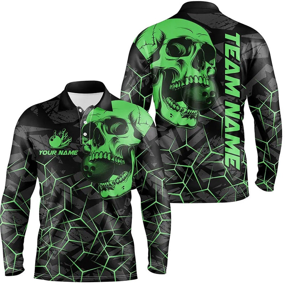 Custom Bowling Polo Shirts, Black Skull Camo Bowling Shirt For Men Custom Bowling Team Jerseys, Gifts For Bowlers Green