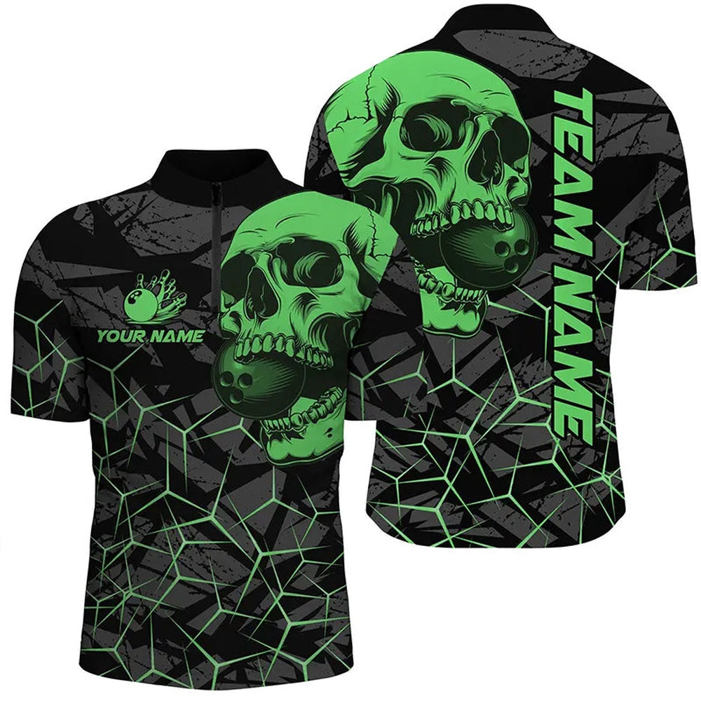 Custom Bowling Polo Shirts, Black Skull Camo Bowling Shirt For Men Custom Bowling Team Jerseys, Gifts For Bowlers Green