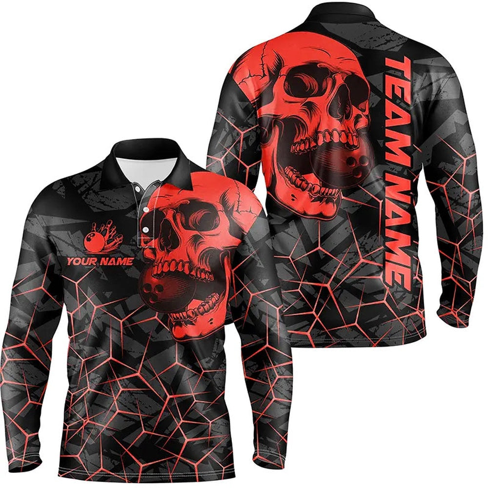 Custom Bowling Polo Shirts, Black Skull Camo Bowling Shirt For Men Custom Bowling Team Jerseys, Gifts For Bowlers Red