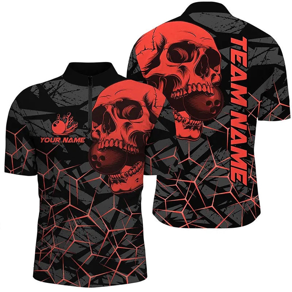 Custom Bowling Polo Shirts, Black Skull Camo Bowling Shirt For Men Custom Bowling Team Jerseys, Gifts For Bowlers Red