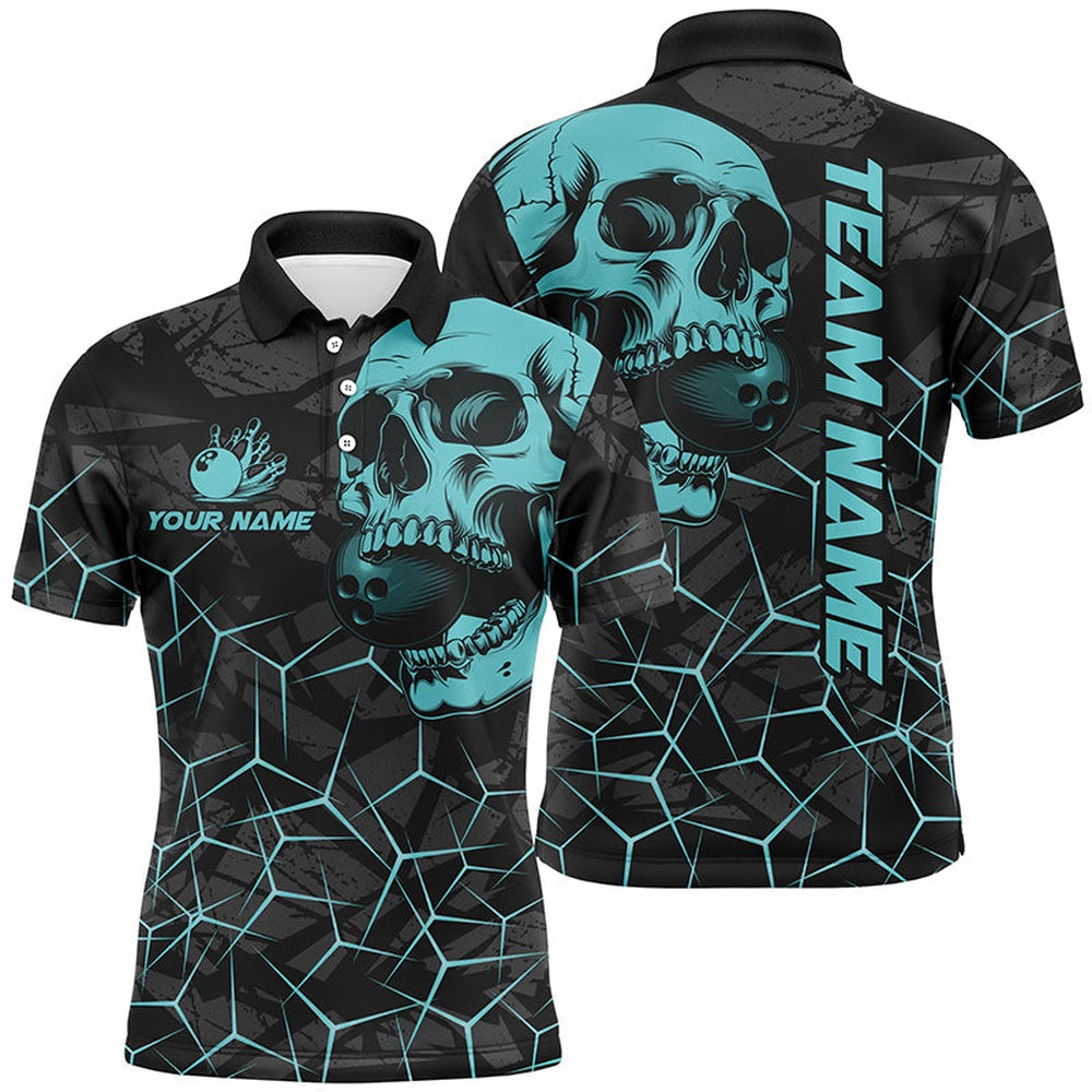 Custom Bowling Polo Shirts, Black Skull Camo Bowling Shirt For Men Custom Bowling Team Jerseys, Gifts For Bowlers Turquoise